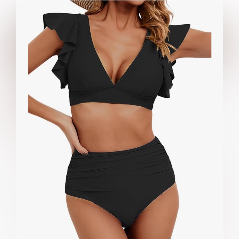 Soucrat Black Ruffled Bikini with High-Waisted Design Black Size L/XL